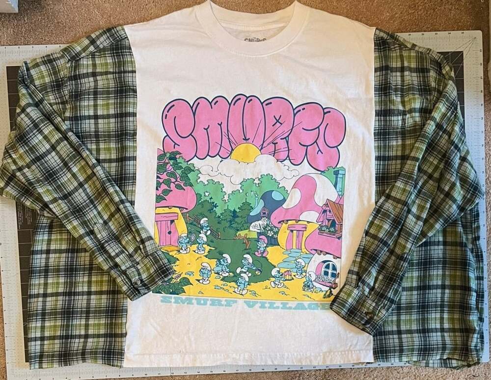 Smurfs campfire shirt, reworked tee & flannel shirt, XL oversized